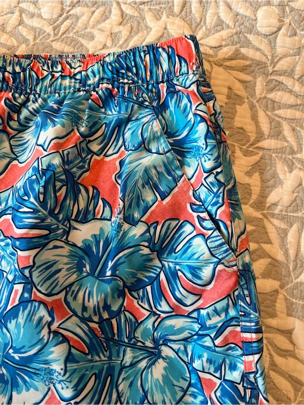 Vineyard Vines Blue Floral Swim Trunks with Coral Accent